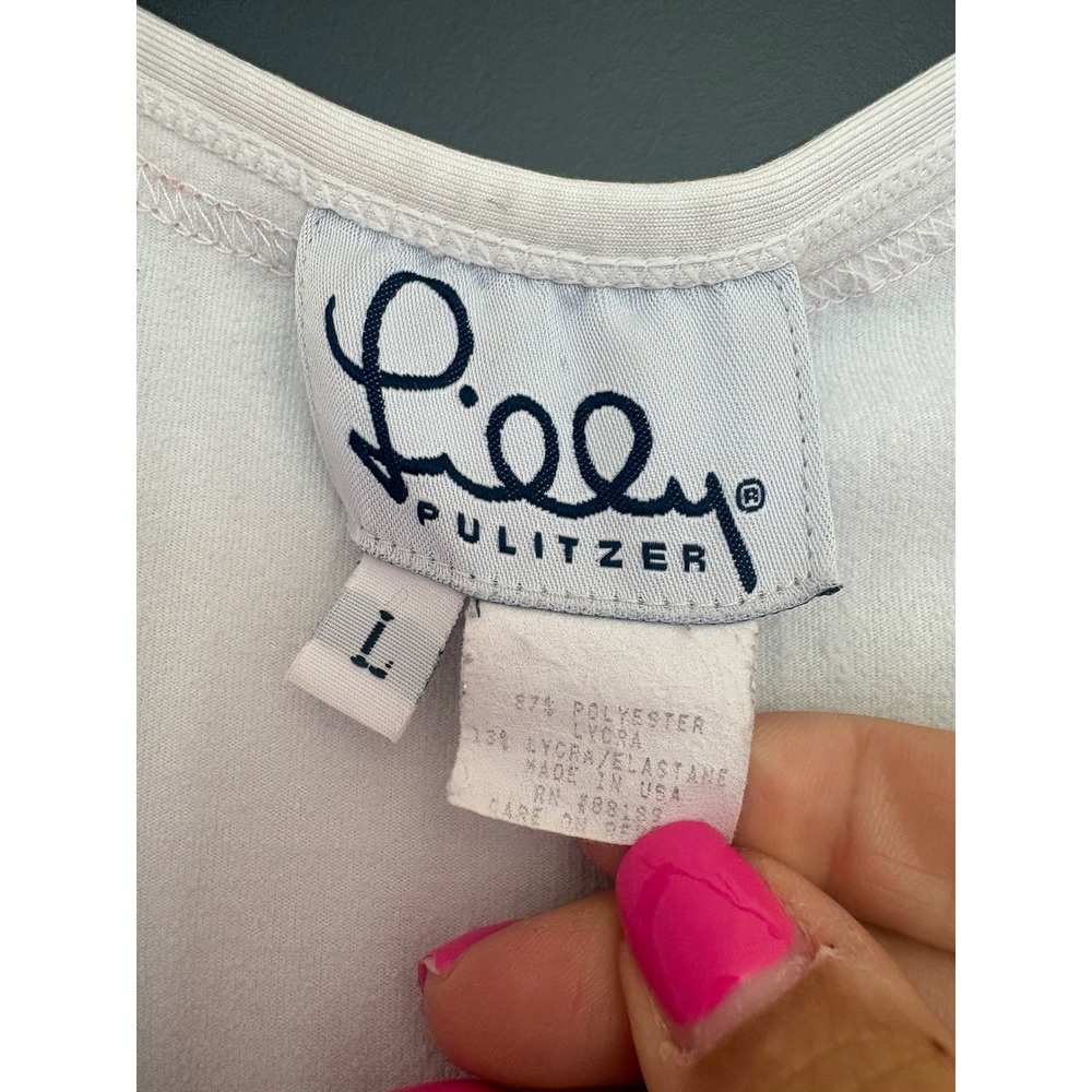 Lilly Pulitzer Womens White Pink Rickrack Palm Tree Racerback Tank Top Large - Picture 5 of 6